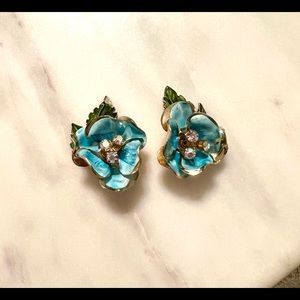 Vintage Blue Hawaiian Plumeria flower multi stone gold trimmed earrings